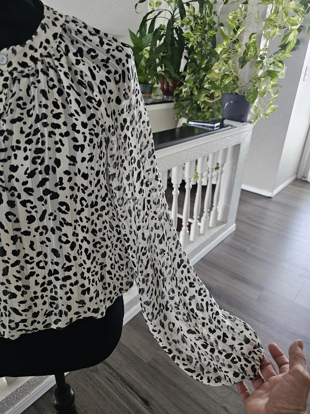 Size S  Women's Black and White Leopard Print Blouse - Picture 3 of 15